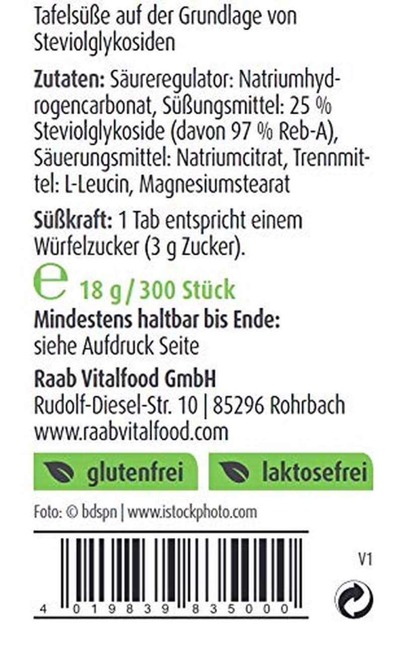 Raab Vitalfood Stevia Tabs, 300 tabletta, 18 gramm Sweeteners Naty Shop