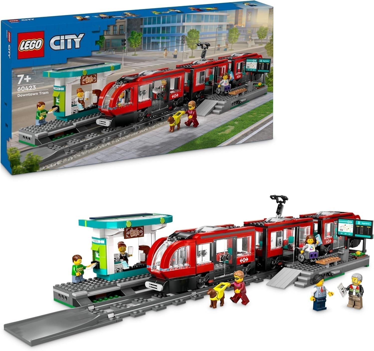 LEGO City villamos állomással, ajándékötlet járműjáték-rajongóknak 7 éves kortól, 6 minifigurával és egy vakvezető kutyával szerepjátékhoz, építőjáték 60423 Építőkészletek Besuche den LEGO-Store Alapértelmezett cím