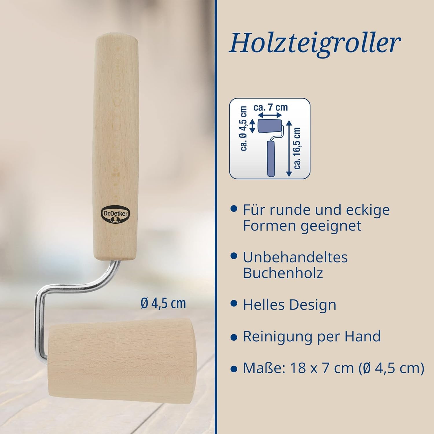 Dr. Oetker Teigroller aus Holz – Teigrolle aus kiváló minőségű Buchenholz – Perfekt für round und eckige Formen – kb. 18 x 7 cm, Rolle Durchmesser kb. 4,5 cm