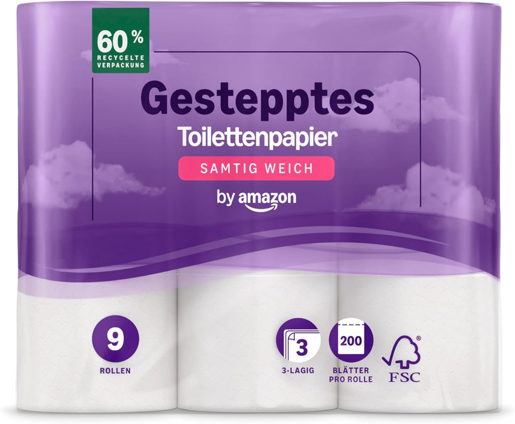 By Amazon Hârtie igienică, 3 straturi matlasate, moale catifelată, 36 de role (9 role, pachet de 4), 200 de foi per rolă, certificată Fsc