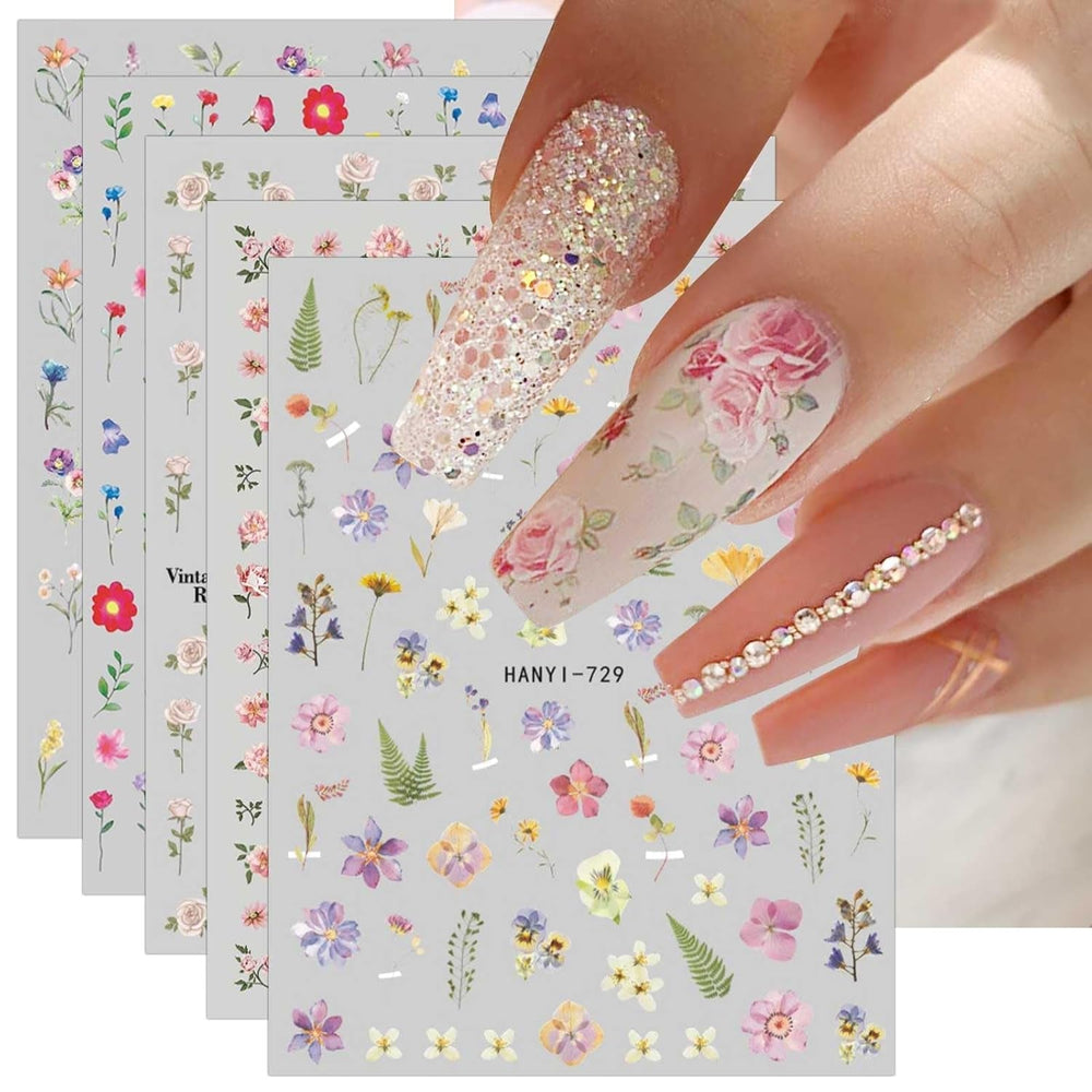 JMEOWIO Nagelsticker Frühlings Blume 9 Blatt Nail Art Sticker Selbstklebend Nagelaufkleber Bunte Sommer Blumen Dekoration Nageldesign Zubehör