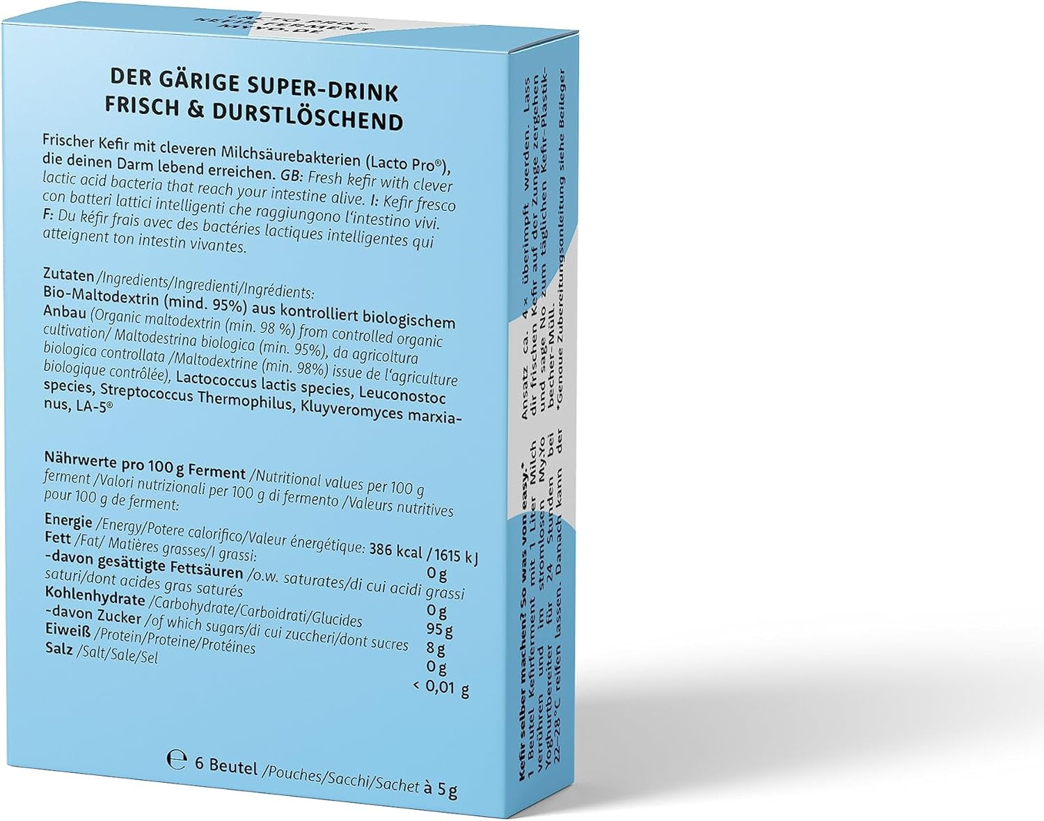 Bio Kefirferment Lacto Pro – 6x5 g – Starterkulturen für 30 L saját készítésű Kefir – ohne Pilz – DE-ÖKO-013 certifiziert