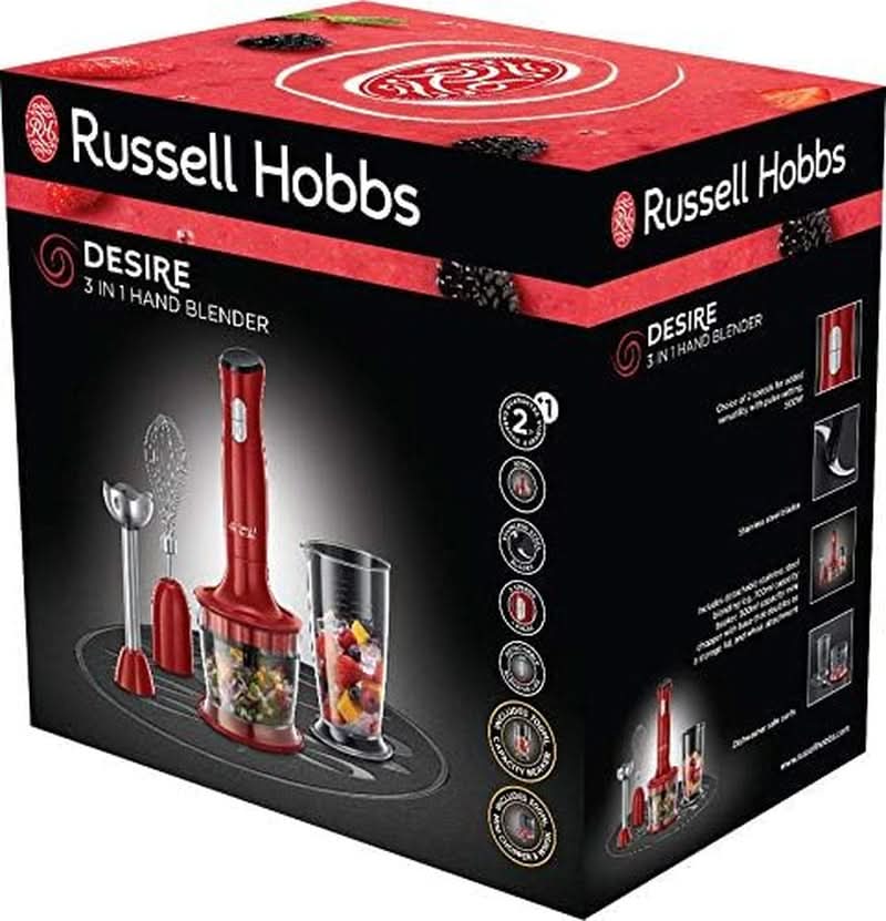 Russell Hobbs Stabmixer [3-in-1: Pürierstab/Zerkleinerer, Mixer- & Schneebesenaufsatz] Desire Rot (Bpa-Free & Spülmaschinenfestes Zubehör, Für Smoothie, Suppen Saucen, Joghurt Babynahrung, Joghurt Babynahrung0ty06)-2