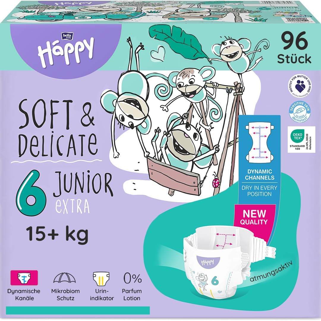 Bella Baby Happy Premium pelenkák, 6-os méret, Junior Extra, 15+ kg, 96 db, DERMATEST és OEKO-TEX Seal, Eldobható babapelenkák
