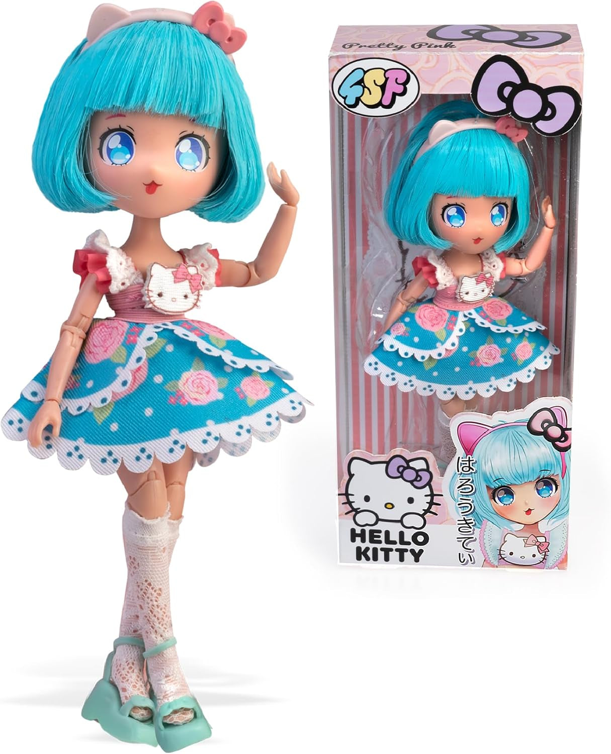 Manga Doll Pretty Pink, japanische Modepuppe mit modischen Designs, Manga, 19,5 cm Figur mit 15 Gelenkpunkten, blaues Haar, inklusive Zubehör, berühmt (HKTF0300)