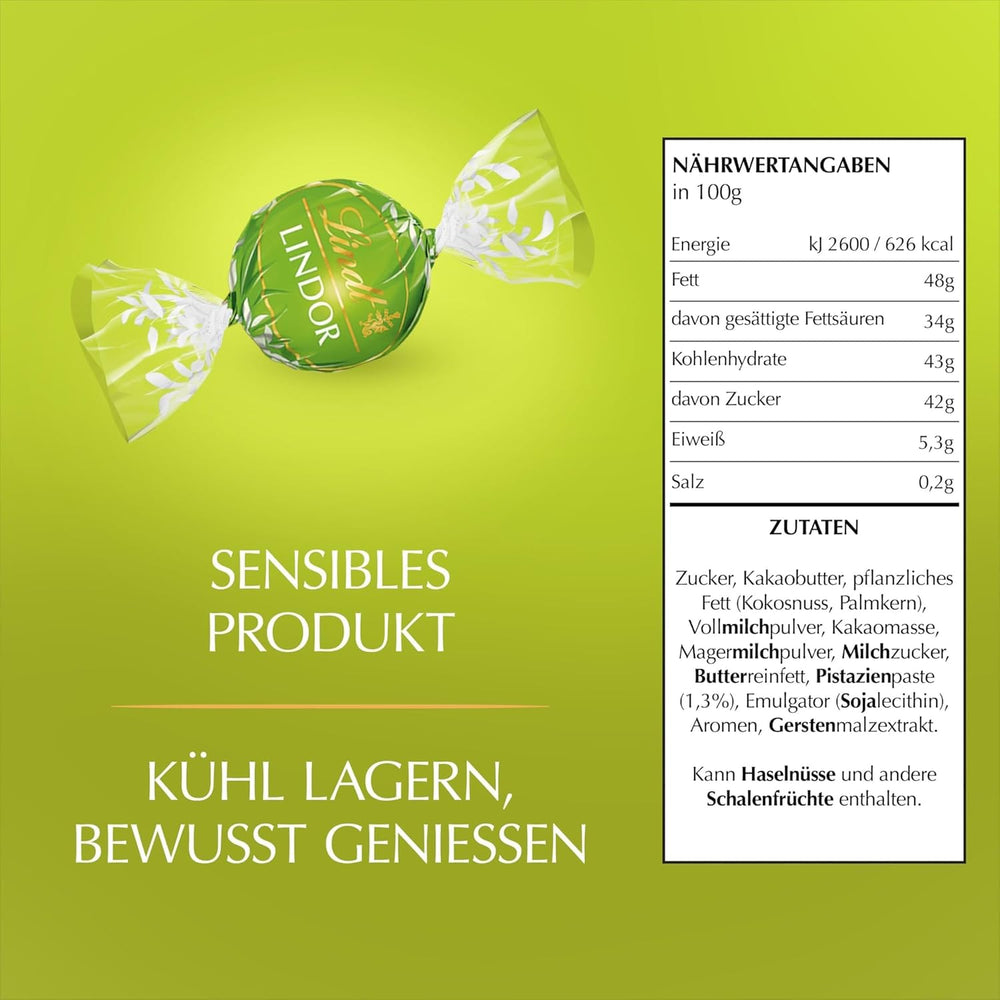 Lindt LINDOR csokoládé pisztáciával | 1 kg-os visszazárható zacskó | kb. 80 db tejcsokoládé golyó szájban olvadó pisztácikrémes töltelékkel | Tömeges csomag, praliné ajándék