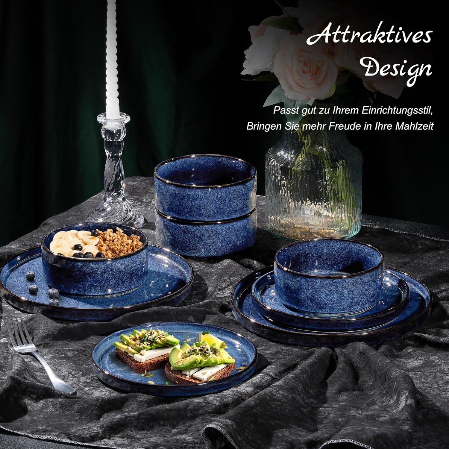 Set de veselă Homikit, set de veselă cu 12 piese pentru 4 persoane, serviciu de cină combinat cu farfurii, farfurii de desert și boluri pentru cereale, potrivit pentru cuptorul cu microunde și mașina de spălat vase, albastru elegant