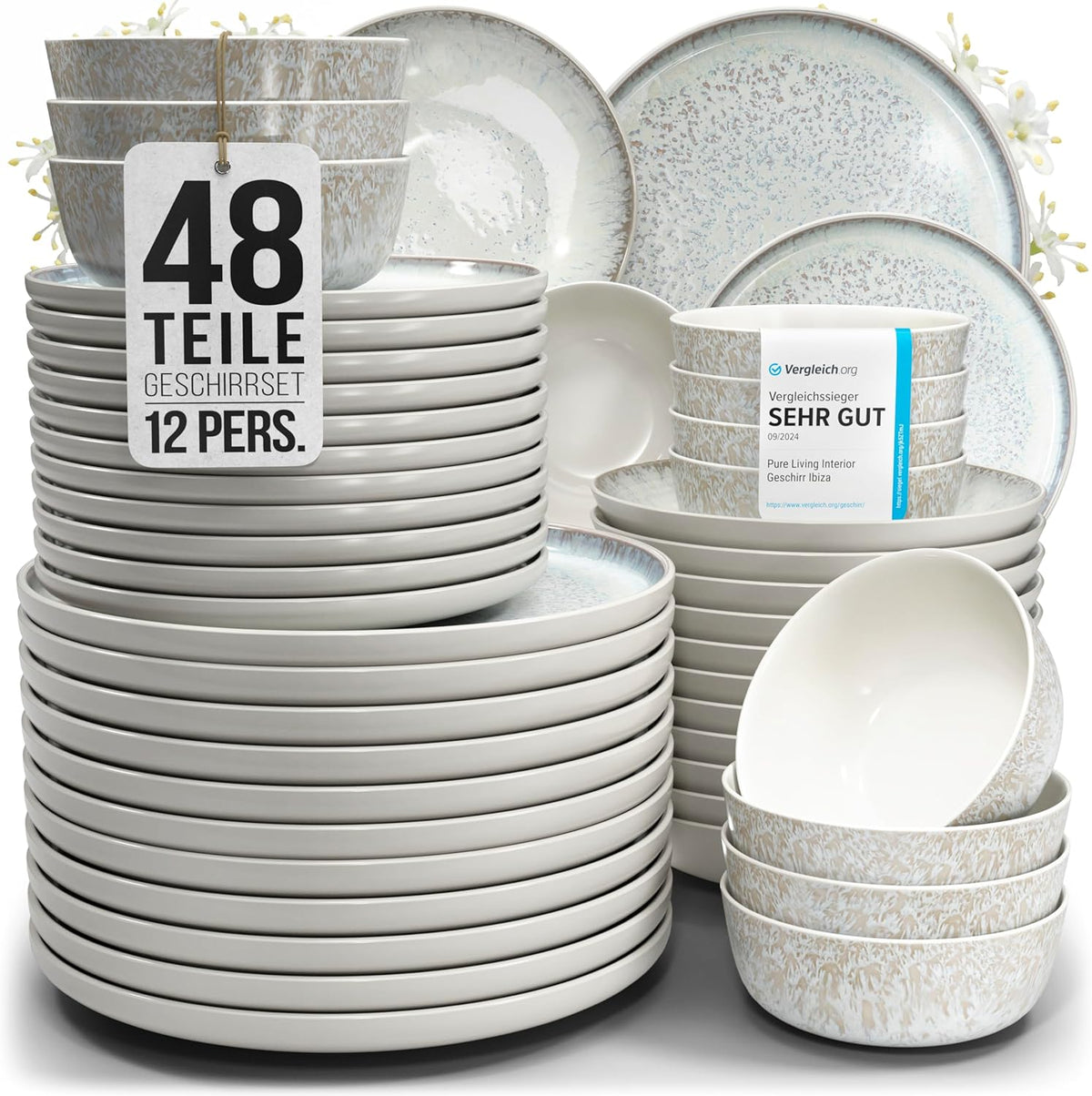Set de veselă din gresie ceramică, format din 48 de piese, pentru 12 persoane, design Ibiza, CÂȘTIGĂTOR AL TESTULUI. Un set de veselă mediteranean superb, din gresie ceramică, inclusiv boluri și farfurii. Set de veselă Pure Living, bej.