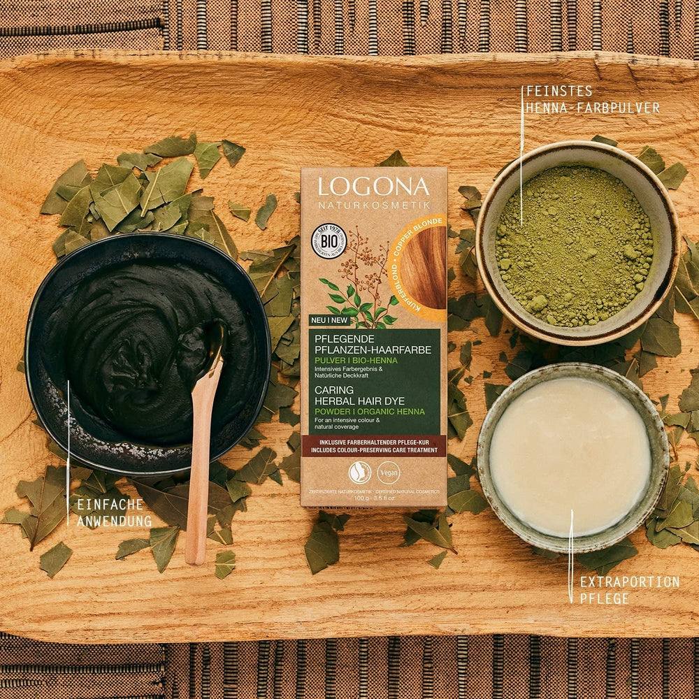 LOGONA Natural Cosmetics Vopsea de păr hrănitoare pe bază de plante, vopsea de păr vegană pudră cu henna organică pentru culoare intensă și strălucire, vopsea de păr pe bază de plante în blond cupru (blond), 1 x 100g Vopsea pentru par Naty Shop