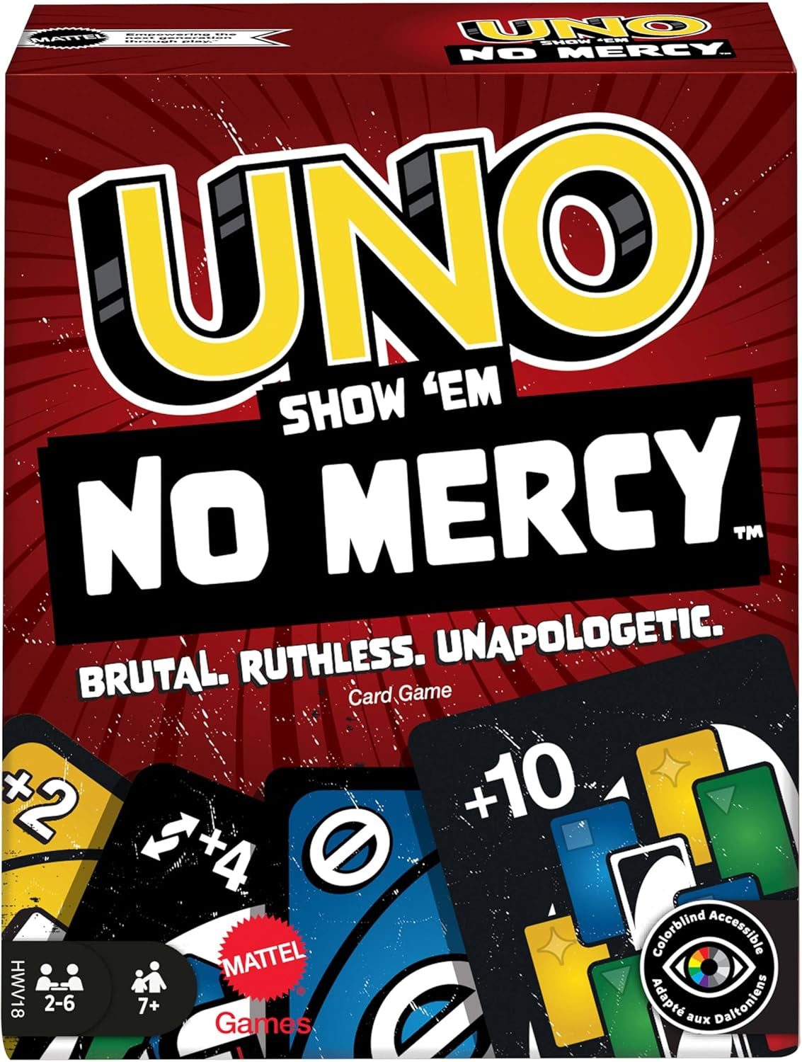 Mattel UNO Show 'em No Mercy – 56 extra kártya, kihívást jelentő akciókártyák és brutális játékszabályok a legkegyetlenebb verzióhoz, halmozási szabály és kézcsere, 7 év feletti korosztály, HWV18