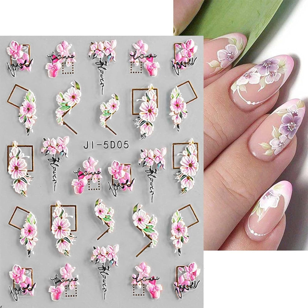 JMEOWIO 3D Nagelsticker Frühling Blume Nail Art Sticker Selbstklebend Nagelaufkleber 5D Stereoskopisch Blumen Dekoration Nageldesign Zubehör 4 Blatt