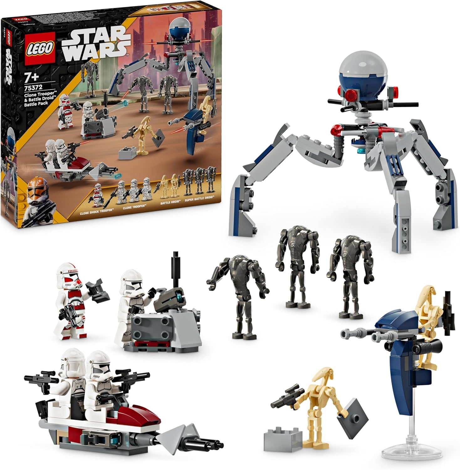 LEGO Star Wars 75372 Clone Trooper & Battle Droid Battle Pack csomaggal 4 minifigura, 5 droid és gyorshajtó motorkerékpár lövöldözős játékkal - Építőjáték 7 év feletti fiúknak és lányoknak Építőkészletek Besuche den LEGO-Store Battle pack