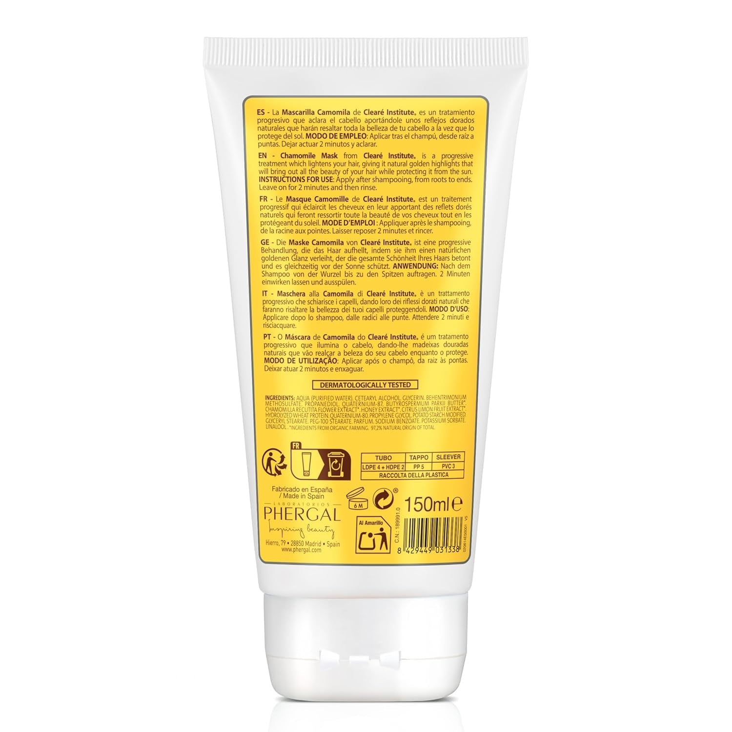 Clearé Institute | Mască cu mușețel | Hrănește, condiționează și descurcă | Strălucire și strălucire aurie | 97% ingrediente naturale | Calmează scalpul | Cu extract de mușețel |150 ml Masca de par Naty Shop