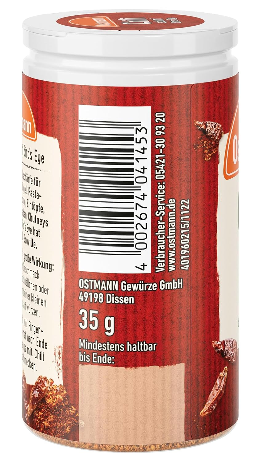 Ostmann Gewürze - Chili scharf Bird's Eye | Féurige Scharfe für Fleischgerichte und Eintöpfe | 35 g Der Streudose-ban