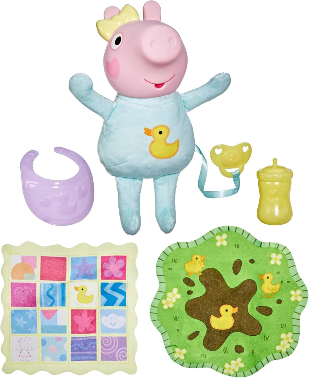 Peppa Pig Grunz und Kuschel Evie interaktive Babypuppe, 28 cm große Puppe für Mädchen mit 20 Geräuschen und vielen Funktionen, Spielzeug-Set für Kinder ab 3 Jahren