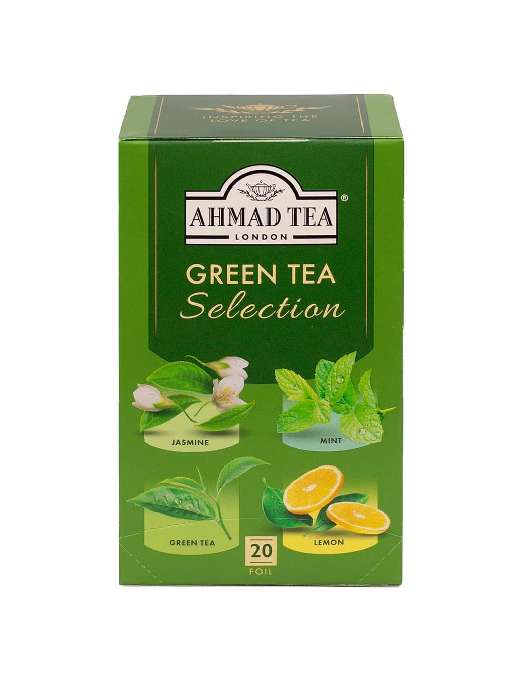 Ahmad Tea - Ceai verde - Pliculețe de ceai ambalate individual, cu aromă sigilată, conținând 2 g de ceai per porție - 20 de pliculețe de ceai cu bandă