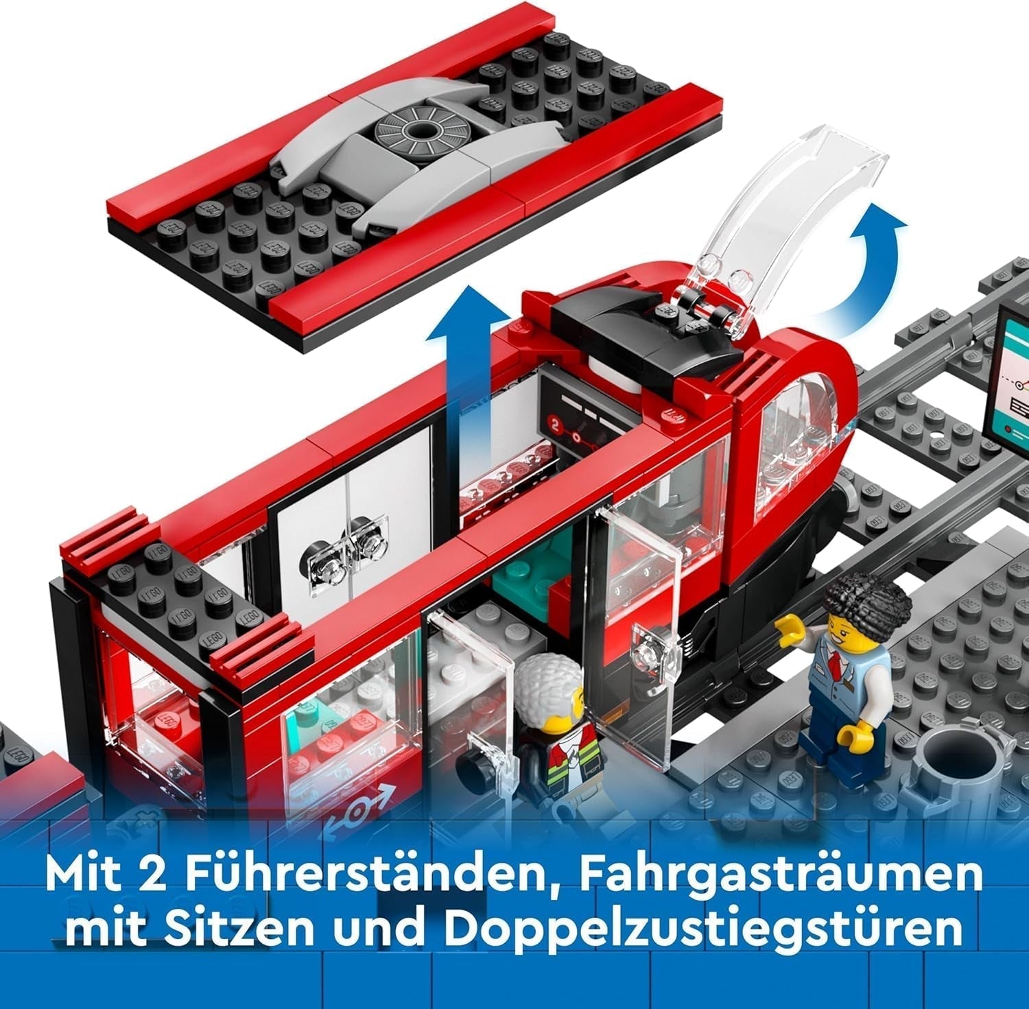 LEGO City villamos állomással, ajándékötlet járműjáték-rajongóknak 7 éves kortól, 6 minifigurával és egy vakvezető kutyával szerepjátékhoz, építőjáték 60423 Építőkészlet Besuche den LEGO-Store