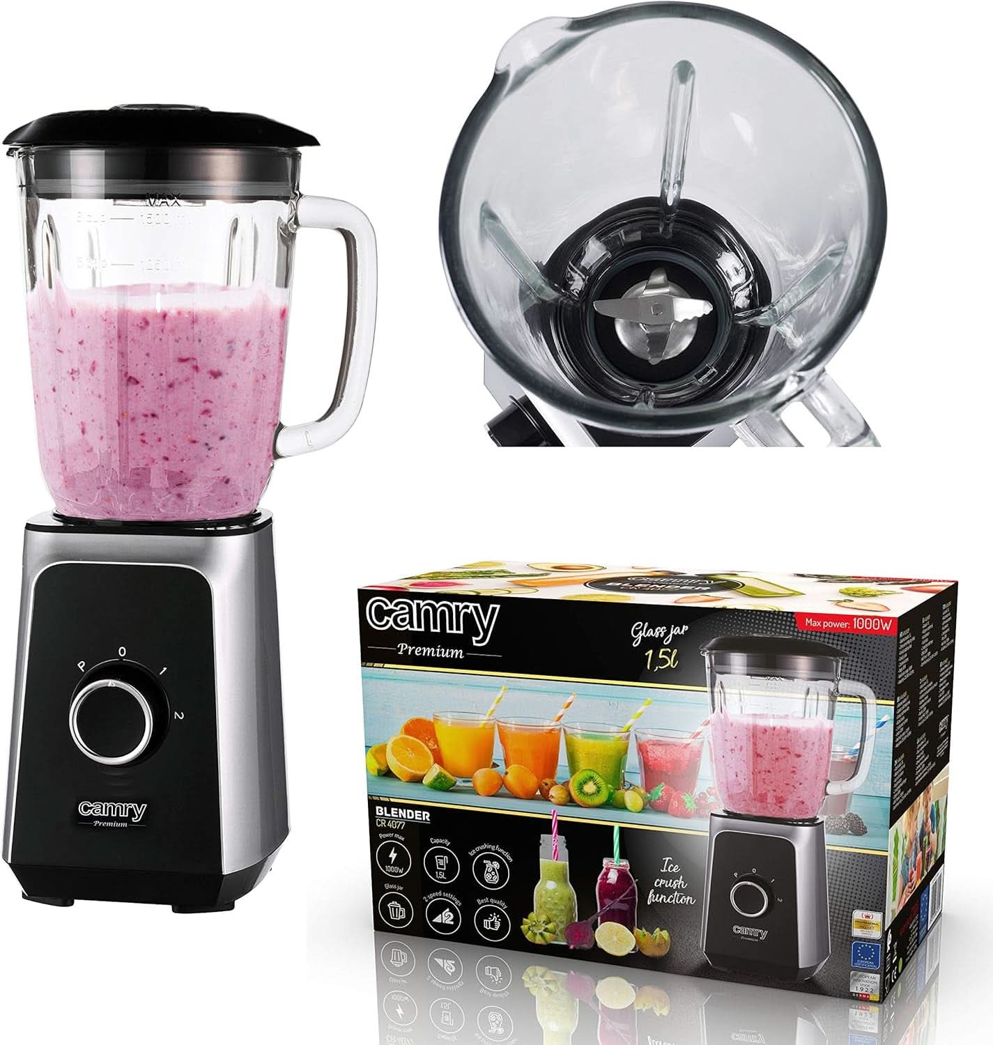 CR 4077 Standmixer Mit 1.5L Glasbehälter, Smoothie Maker, Hochleistungsmixer, Mahlung, Eis-Zerkleinerung, Pulsfunktion, Edelstahlklingen, 2 Geschwindigkeiten, 1000W, Schwarz/Silber Kitchen Naty Shop