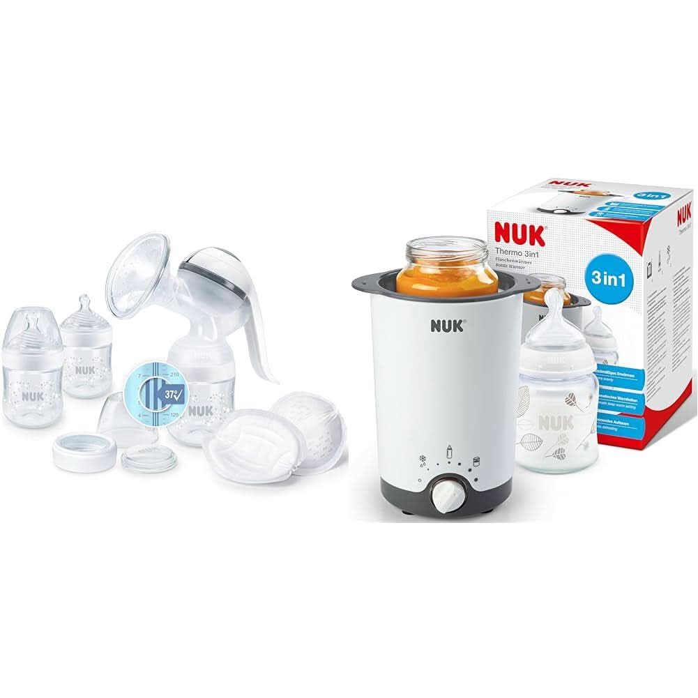 NUK Nature Sense kézi mellszívó | Szoptatós készlet kézi mellszívóval, cumisüvegekkel és szoptatóbetétekkel Ultra Dry Comfort | 6 darab Étel és szoptatási kiegészítők Bebe Naty Shop Csomag cumisüveg melegítővel Hőmérséklet szabályozással
