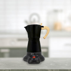 Cafetieră electrică italiană Jocca, aluminiu, 6 cești, cafetieră portabilă și manuală cu mâner din lemn, neagră, stil mocha
