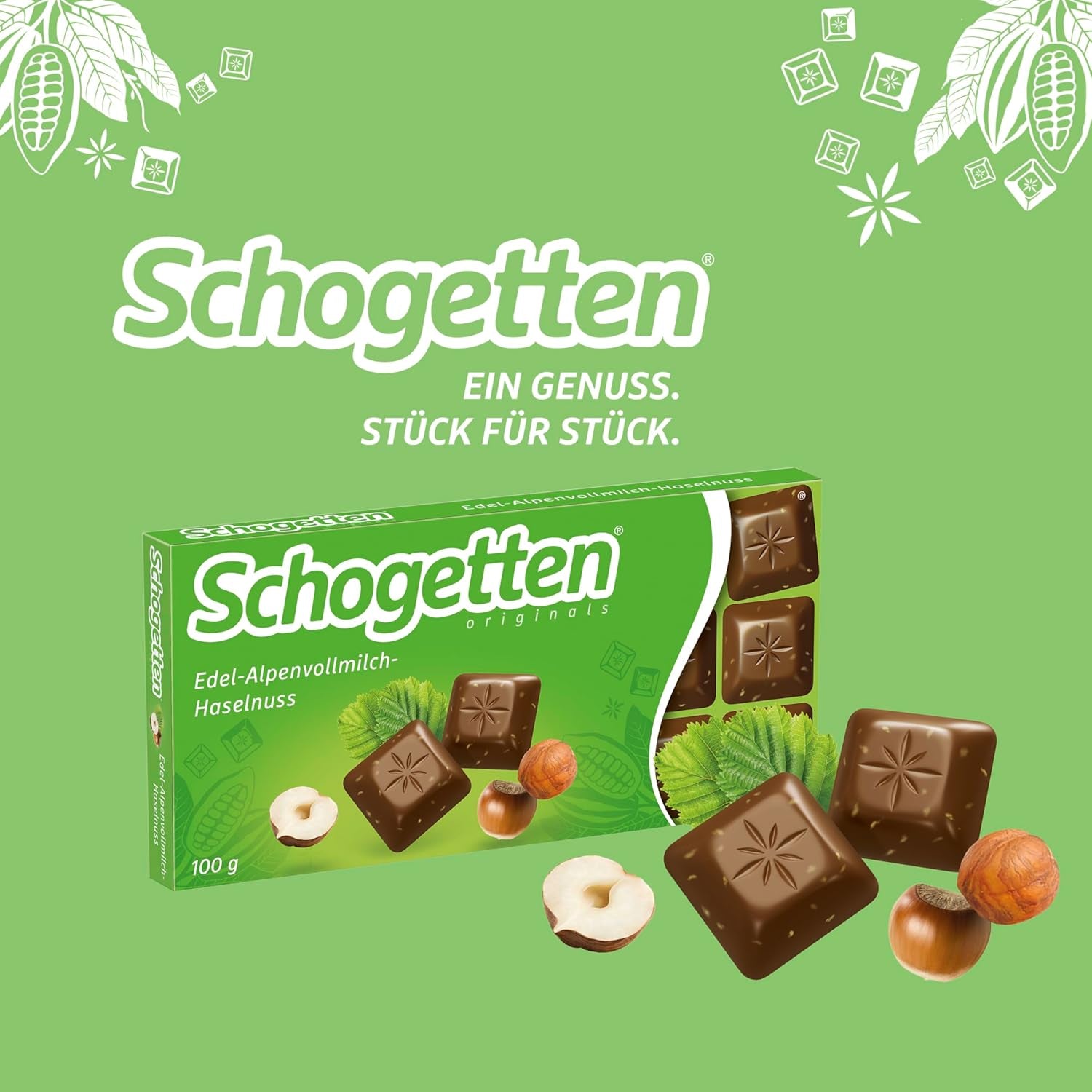 Schogetten Premium alpesi tejcsokoládé mogyoróval, 100 g-os csokoládé, egyenként adagolva. Öröm. Darabról darabra.