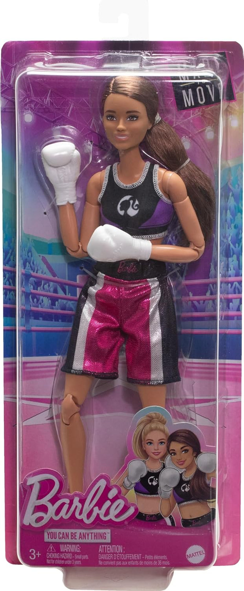 Păpușă Barbie Made to Move și accesorii, boxer brunetă cu echipament sportiv detașabil cu mănuși de box, 22 de articulații mobile, HRG40 Papusi Naty Shop