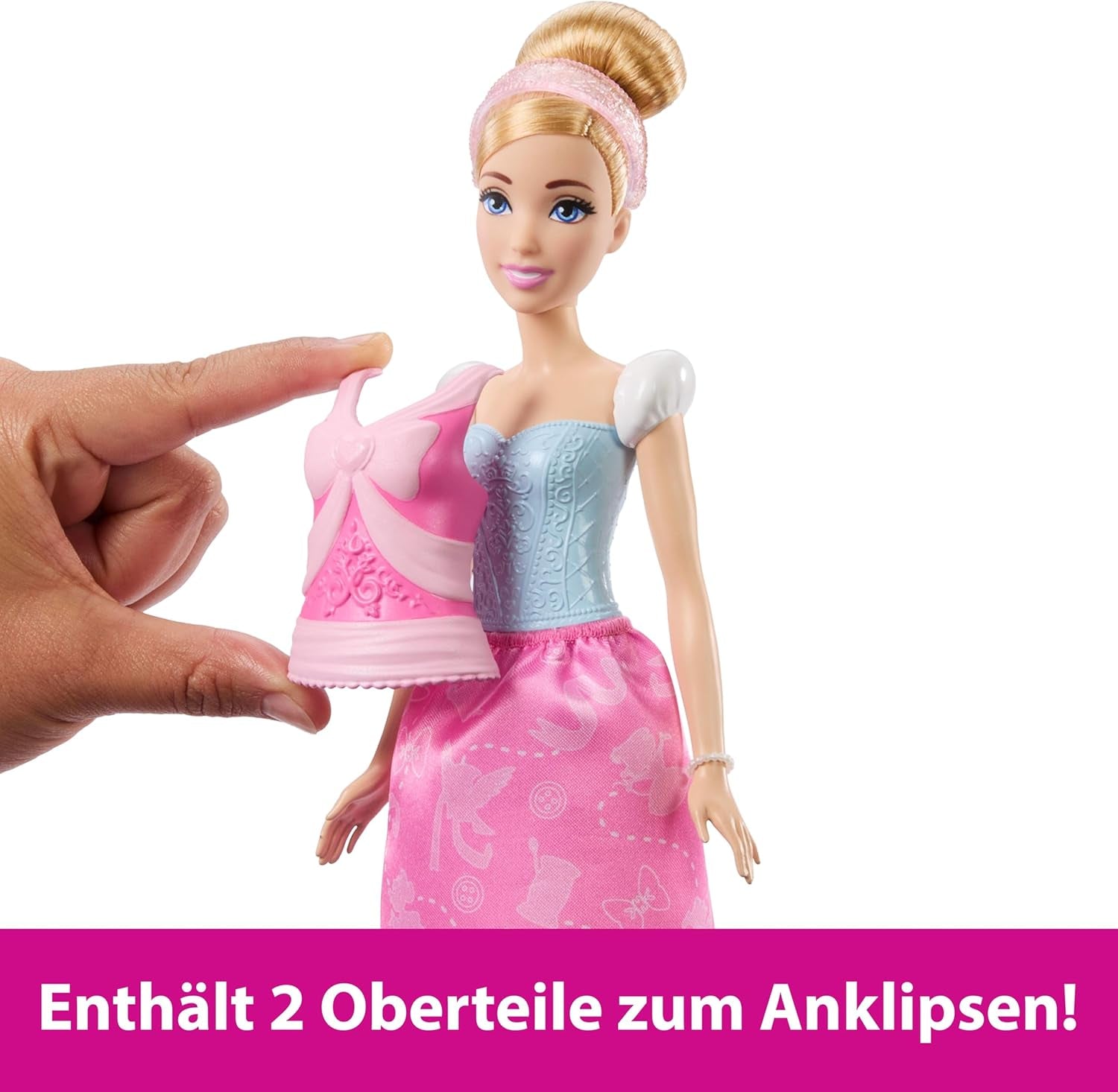 Mattel Disney-Princess-Spielzeuge, Hamupipőke-Modepuppe 2 Looks, 9 Accessoires, 2 Oberteile zum Anklipsen és 2 Röcke. 2-in-1-Geschichten inspiriert vom Disney-Film, JCR95