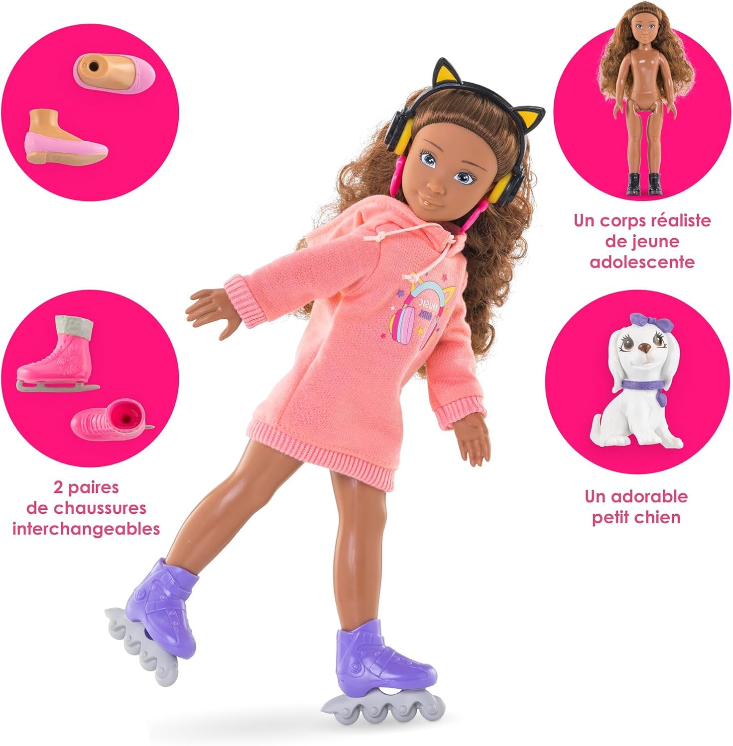 Corolle Girls dallamzene és divatkészlet, Ankleidepuppe im cool Hoodiekleid mit Hund, divatos Kopfhörer, Ohrringe und extra Inlineskates, Vanilleduft, 28cm, ab 4 év
