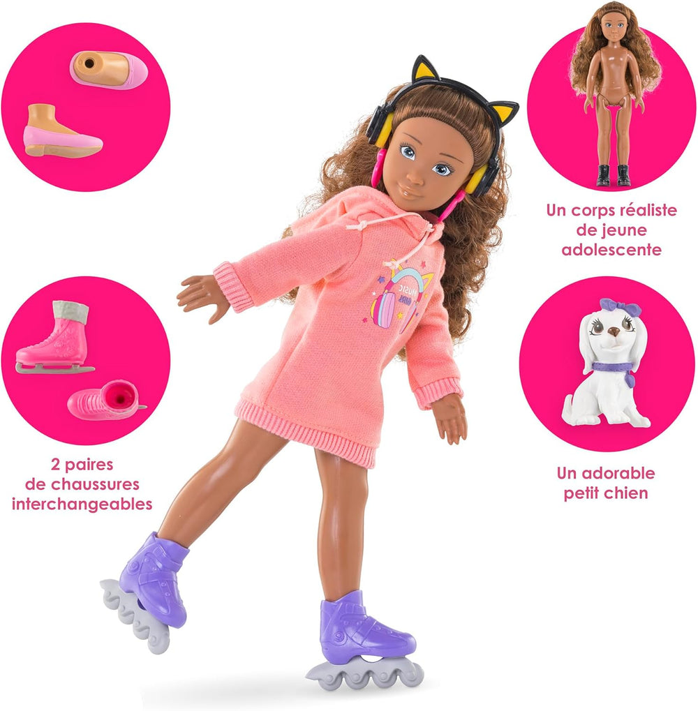 Corolle Girls dallamzene és divatkészlet, Ankleidepuppe im cool Hoodiekleid mit Hund, divatos Kopfhörer, Ohrringe und extra Inlineskates, Vanilleduft, 28cm, ab 4 év