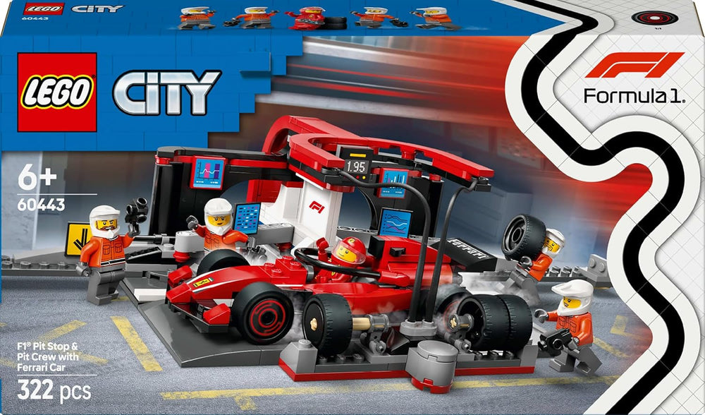 LEGO City F1 boxkiállás csapattal és Ferrari Speedsterrel - Forma 1 boxkiállás készlet 1 versenyzővel és 4 mechanikus minifigurával - Versenyautó játék fiúknak és lányoknak 6+ - 60443 Építőkészletek Beuche den LEGO-Store