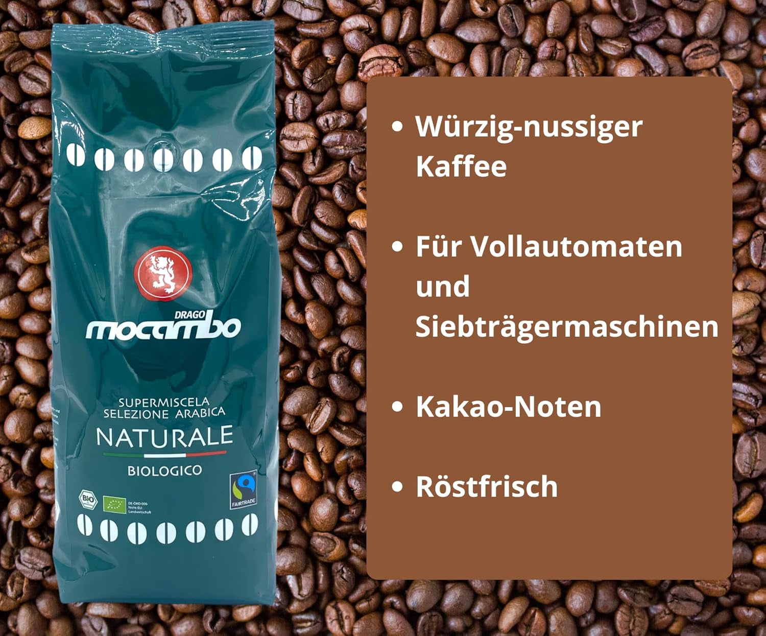 Mocambo Naturale Biologico Fairtrade Verde Inchis 1000g | 70% Arabica, 30% Robusta | Cafea picant și cu nuci | DE-ÖKO-006