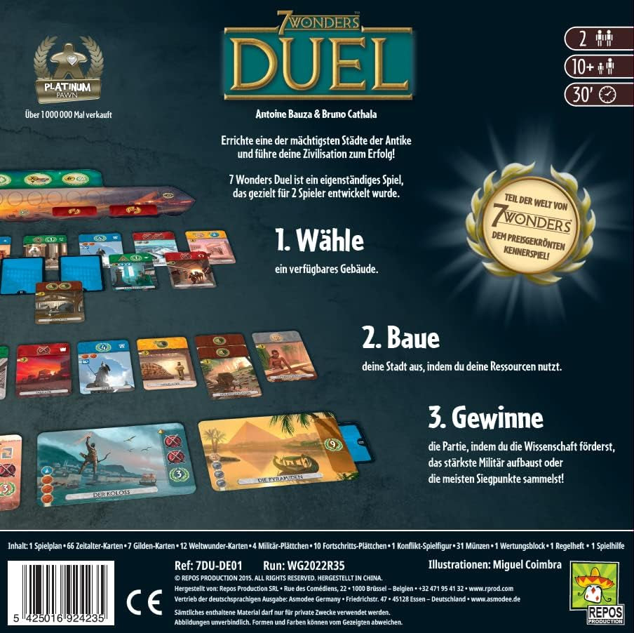 Asmodee 7 Wonders Duel, joc de bază, joc pentru cunoscători, joc de strategie, 2 jucători, vârste 10+, 30 de minute, germană