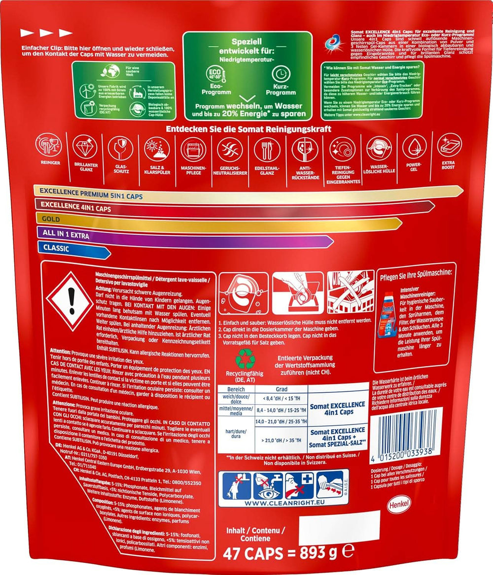 Somat Excellence 4 az 1-ben kupak (141 kupak), gyorsan oldódó mosogatógép Naty Shop konyhai mosogatószerek
