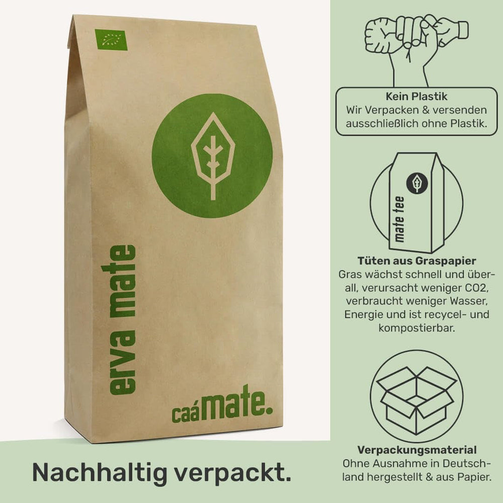 Ceai Mate BIO 1KG ● Proaspăt și verde ● Yerba Mate original ● Uscat la aer ● Fără fum ● Fără plastic ● Echitabil ● Ceai Mate din frunze de Mate, ramuri de Mate și pudră de frunze de Mate ● DE-ÖKO-006