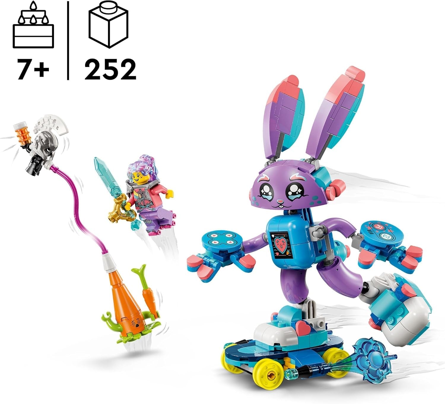 LEGO Dreamzzz Izzie and Bunchurro The Gaming Bunny, jucărie pentru copii 7+, set de joacă 2 în 1 cu Hero Minifigure și Cyberling pentru o experiență de joacă imaginativă 71490 Seturi de constructie Besuche den LEGO-Store