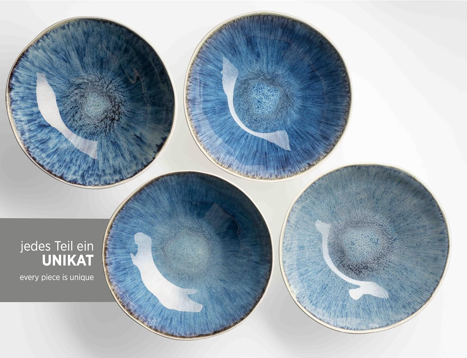 MÄSER 934092 Seria Frozen, Set de veselă ceramică pentru 4 persoane, Serviciu combinat cu 16 piese cu forme organice, Serviciu cu pete albastre, Gresie, Albastru închis