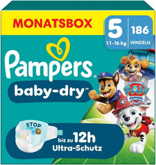 Pampers Baby-Dry Puppy Patrol Edition pelenkák, 5-ös méretű, 186-os pelenkák, 11-16 kg, akár 100%-os szivárgásvédelem és egész éjszakai kényelem
