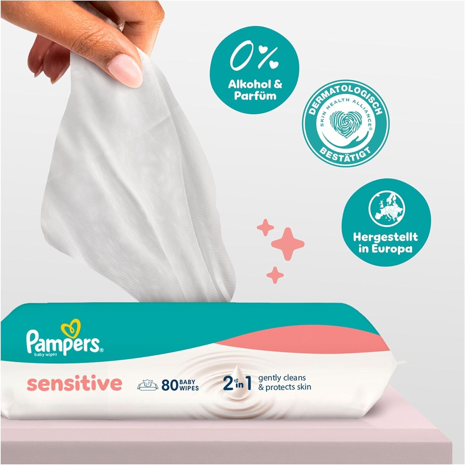 Pampers Sensitive babatörlő, 15 db 80 db-os törlőkendő, 1200 db babatörlő, 2 az 1-ben gyengéd tisztítás és bőrvédelem