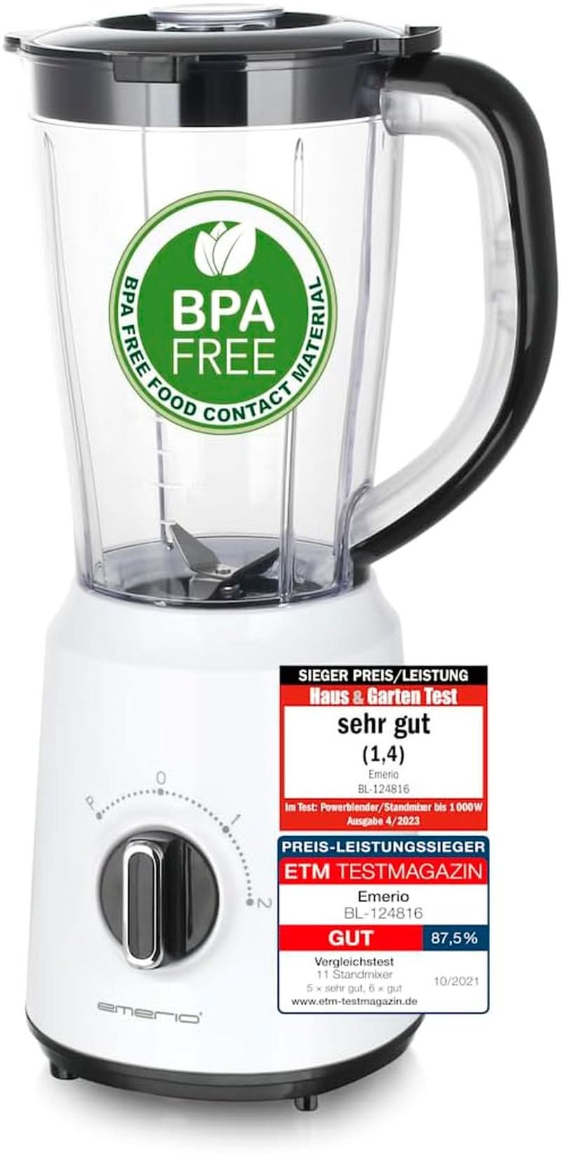 Emerio Standmixer BPA Frei Crush Ice Funktion 1.5L Behälter 2 Geschwindigkeiten + Pulse Funktion Messereinheit Aus Edelstahl Sicherheitsschalter Geschirrspülgeeignet 500 Watt BL-12816.8 Schwarz Bucatarie Naty Shop