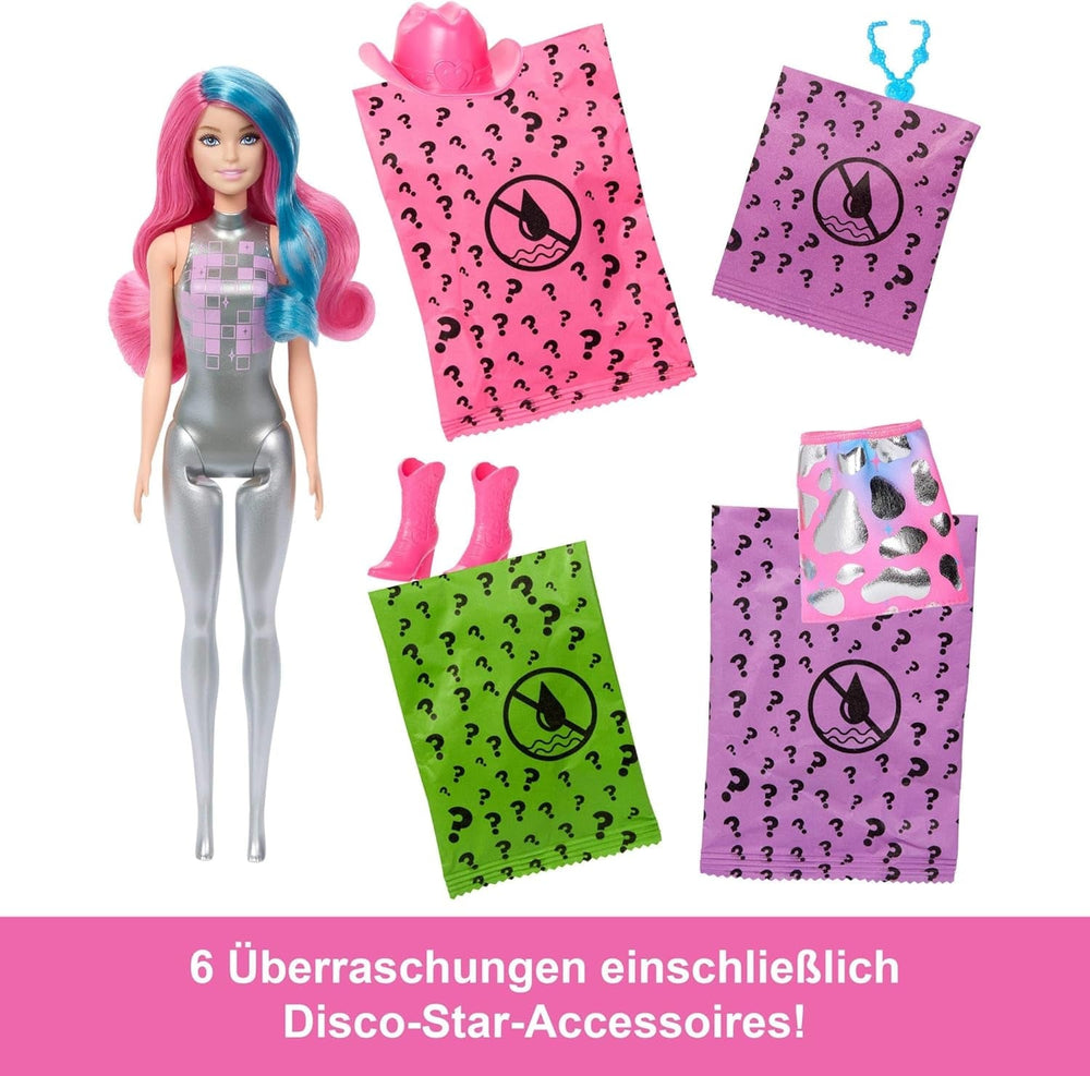 Barbie Color Reveal Fashion Doll și accesorii cu 6 surprize, seria Disco Star cu strălucire metalică și top cu schimbare de culoare (stilurile pot varia), JCP01 Papusi Naty Shop