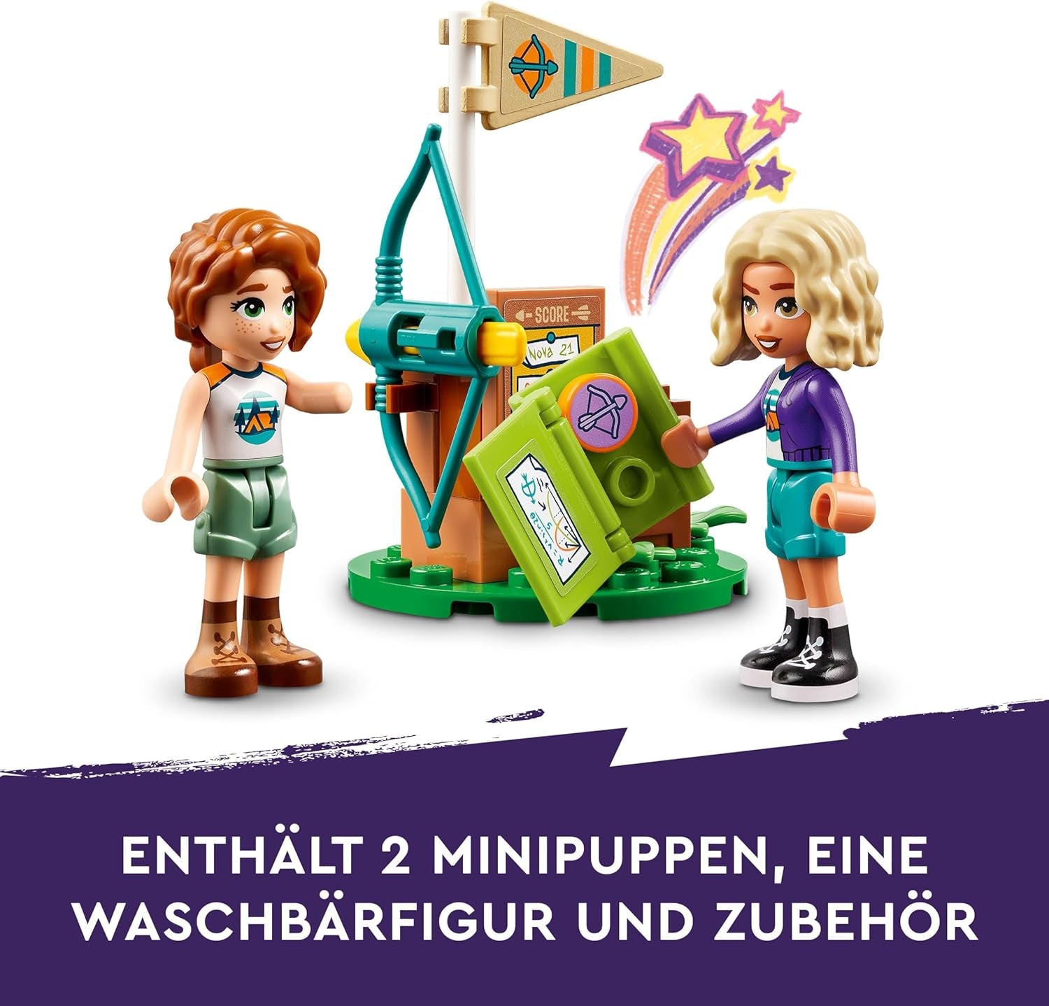 LEGO Friends íjászat az Adventure Camp Kids Kalandtáborban építőjáték íjjal és nyíllal, 2 figurával és egy mosogatóval, 6 év feletti lányoknak és fiúknak 42622 építőkészletek Besuche den LEGO-Store