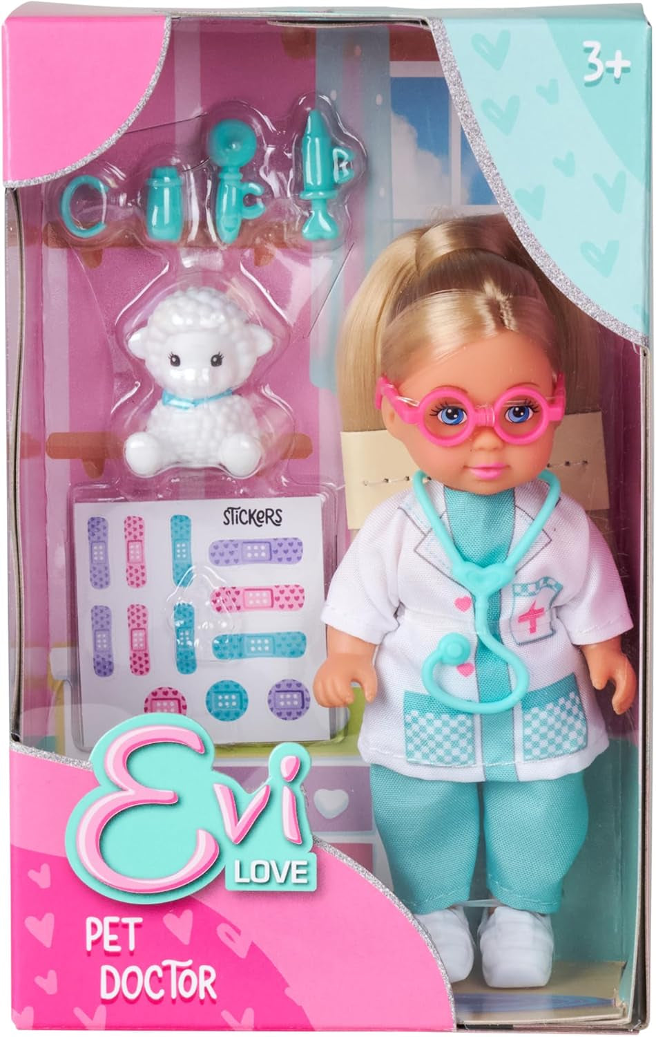 Simba Evi Love Pet Doctor – Puppe (12 cm) als Tierärztin mit Plüsch‑Tier & Arztzubehör, kreatives Rollenspiel für Kinder ab 3 Jahren