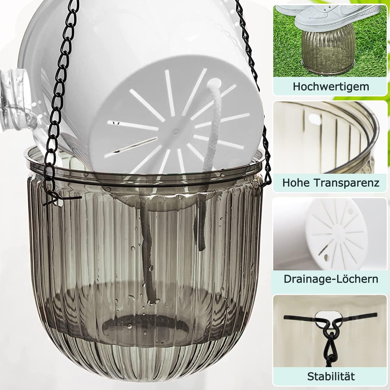 2 db öntöző függő ültetőgép készlet, 16,5 cm-es beltéri függő virágcserép 3 akasztóval és vízelvezető lyukkal beltéri és kültéri használatra, mennyezeti, erkély- és faldekorációhoz (szürke)