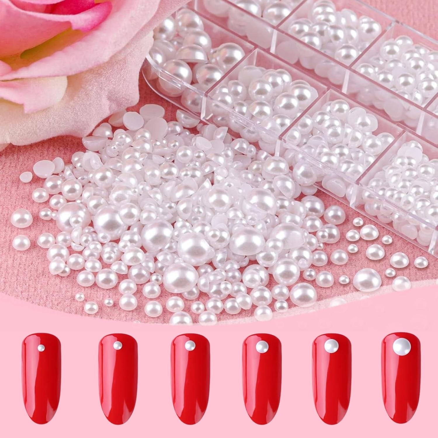 12 Größen Nail Art Perlen, Flache Perlen, Nail Art Accessoires, Halbkreis Nagelperlen, Weiße Nail Charms Und Glitzersteine Nägel Für Nail Art Design, DIY Basteln, Alltag, Hochzeit (2 Boxen)