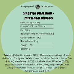 Praline cu alune DIABETKI, ciocolată fără zahăr, dulciuri delicioase pentru consumatori conștienți și diabetici, gustări fără gluten și vegetariene 100g