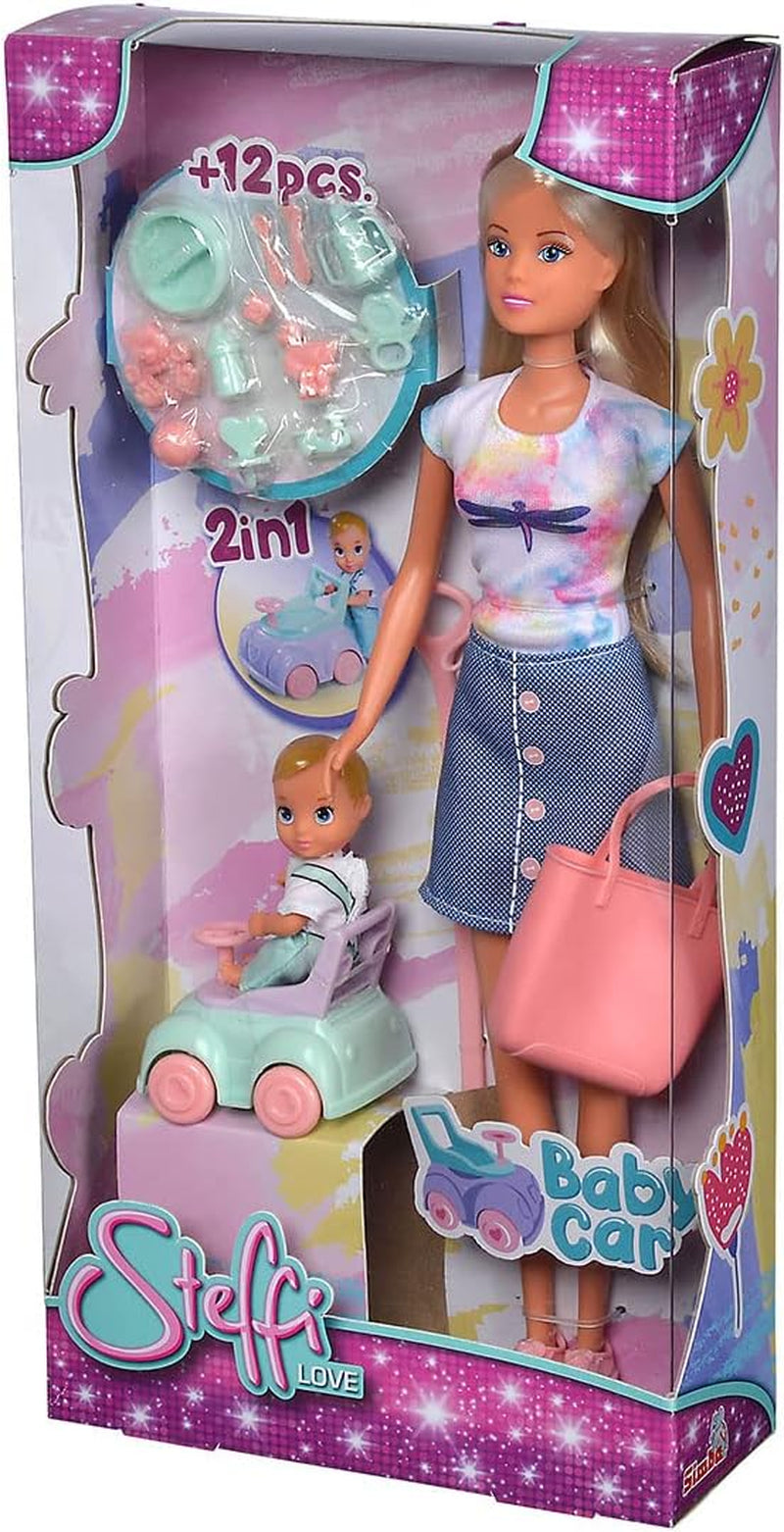Simba 105733585 - Steffi Love Baby Car, Ankleidepuppe mit Kind, Laufauto, 2-in-1 Funktion, mit Handtasche und Babyzubehör, 12 Teile, 29cm Puppe, ab 3 Years