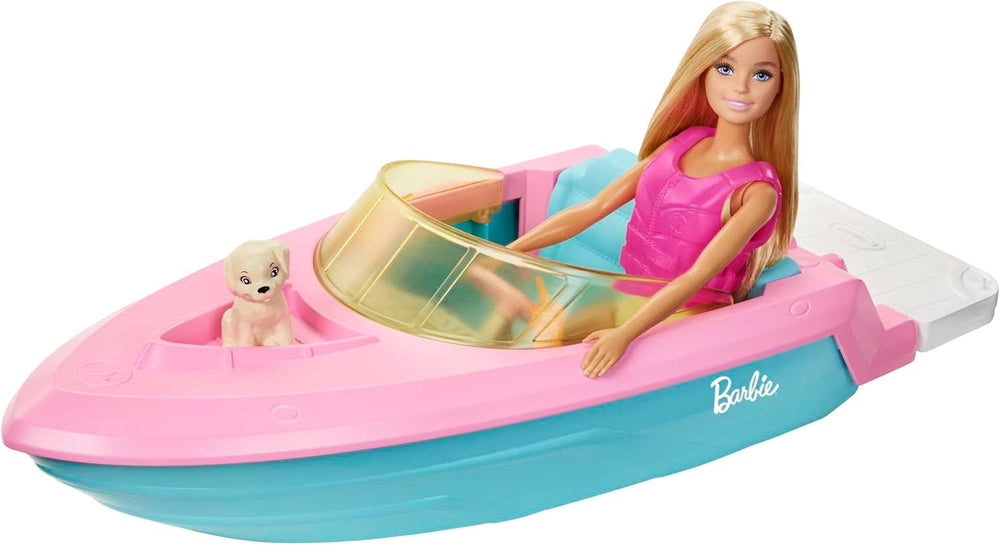Barbie Speedboat Set, Barbiepuppe mit blonden Haaren, rosa Schwimmweste, Boot, Welpe, Zubehör, Geschenke für Kinder ab 3 Jahren, GRG30