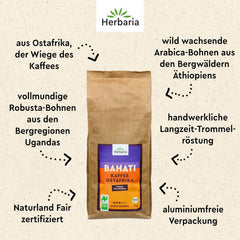 Herbaria BAHATI | BIO Kaffee ganze Bohnen | Naturland Fair zertifiziert aus Ostafrika | ausgewogene Röstaromen mit Noten von gerösteten Nüssen & Schokolade | Kaffeebohnen für Kaffeevollautomaten | 1kg