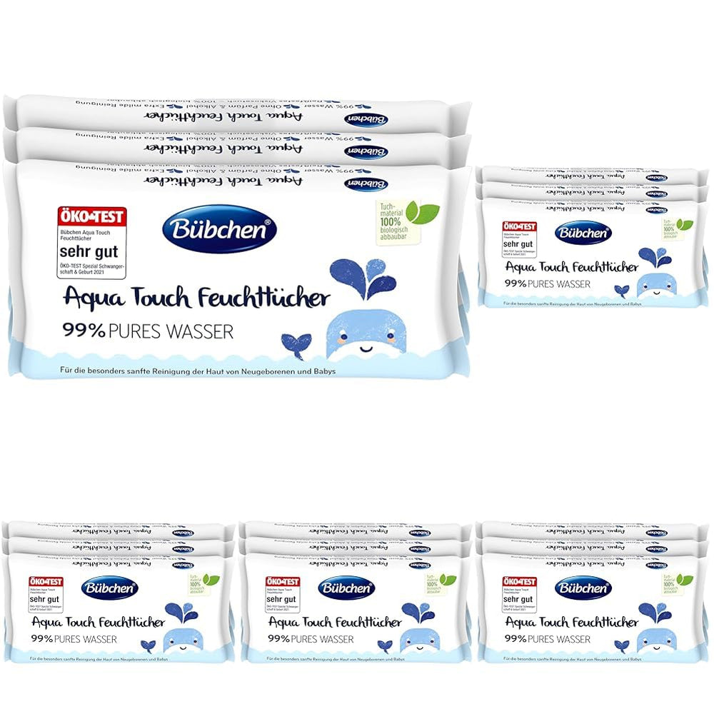 Bübchen Aqua Touch baba nedves törlőkendők 144 db (3 x 48) - Érzékeny bőr ápoló törlőkendők 99%-os tiszta vízzel, újszülött és baba nedves törlőkendők