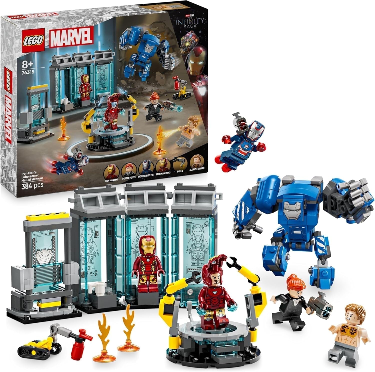 LEGO Marvel Iron Man's Laboratory: Páncélcsarnok – Szuperhős játék mech figurával, 5 minifigura, köztük Aldrich Killian – Bosszúállók ajándék fiúknak és lányoknak 8 év felett 76315 Építőkészletek Beuche den LEGO-Store alapcím